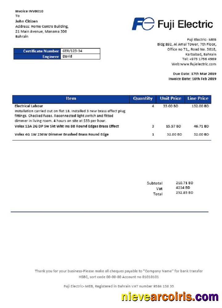 Bahrain Falcon Electrical SPC electricity utility bill